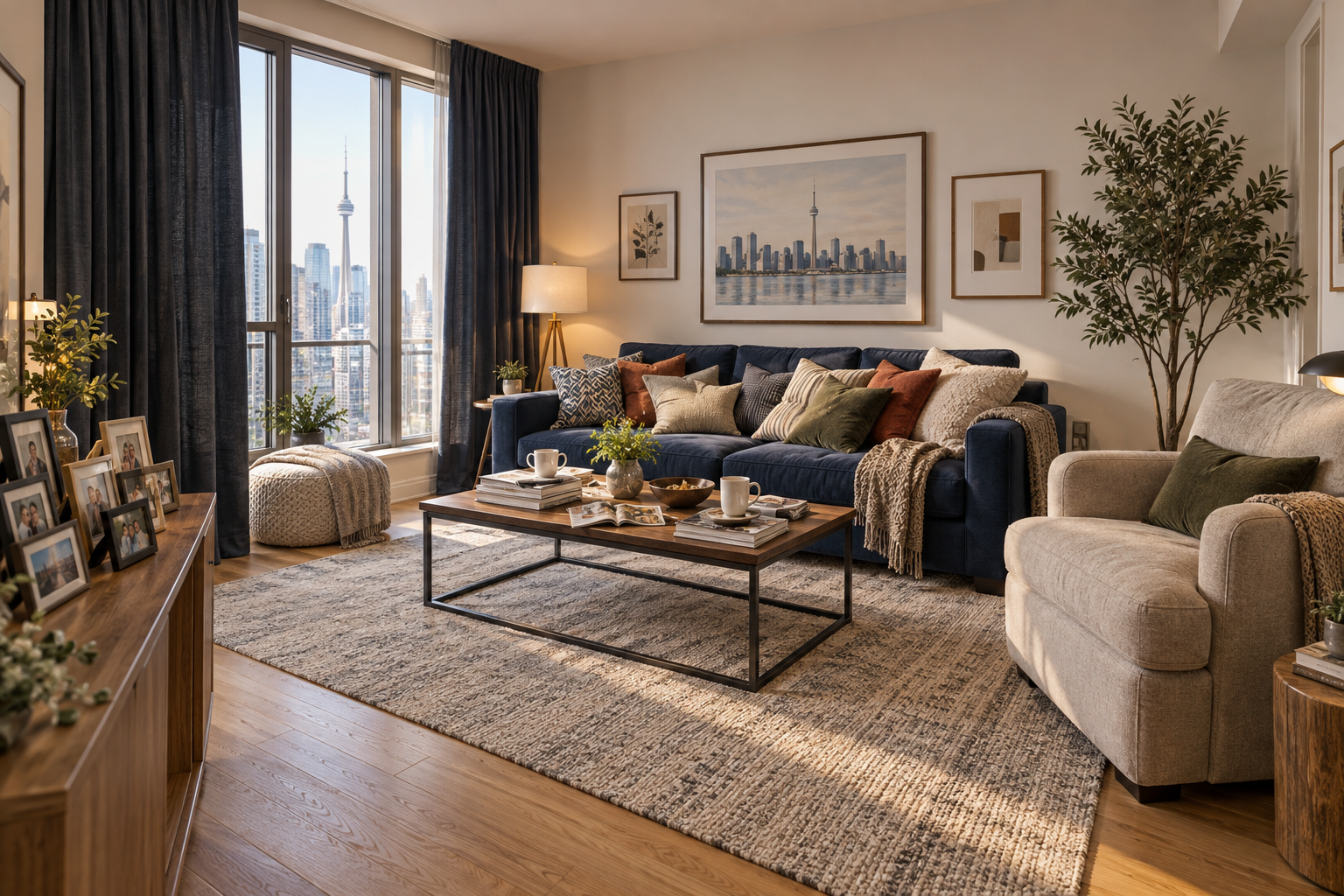 Illustrative living room with heavy curtains, a cluttered coffee table, many cushions, a bulky chair, and personal photographs
